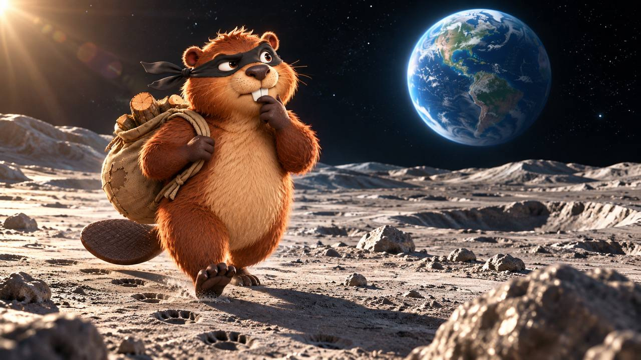 Beaver Bandit on the moon carrying a sack of logs, with Earth in the sky.