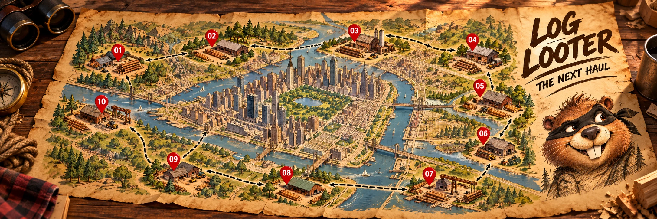 Bandit's illustrated map of ten fictional lumber-heist locations